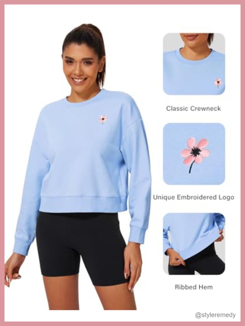 Cropped Crewneck Sweatshirt Oversized Long Sleeve Cotton Pullover - Picture 4 of 6